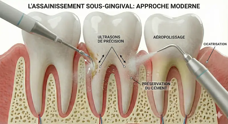 Schéma de l'assainissement sous-gingival : ultrasons, aéropolissage et préservation du cément