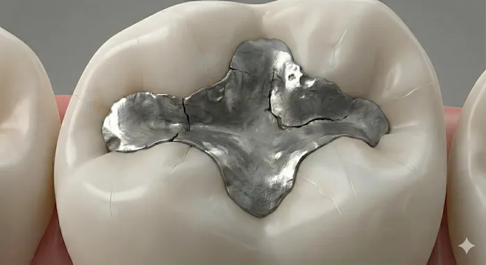 Ancien amalgame dentaire métallique avec fissures apparentes