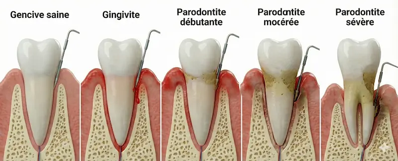 Schéma de l'évolution de la gencive saine à la parodontite sévère