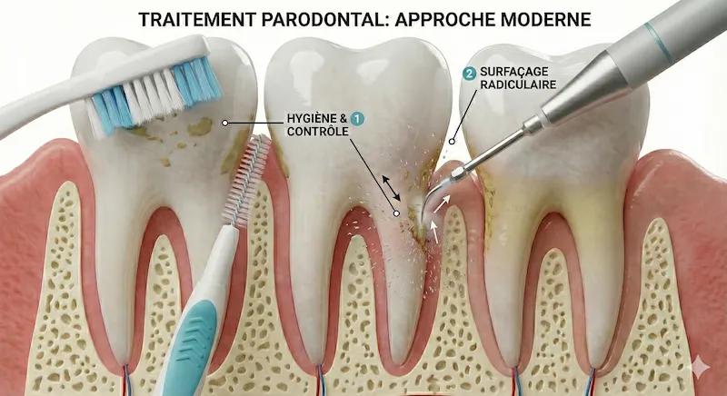 Schéma du traitement parodontal moderne : hygiène et surfaçage radiculaire